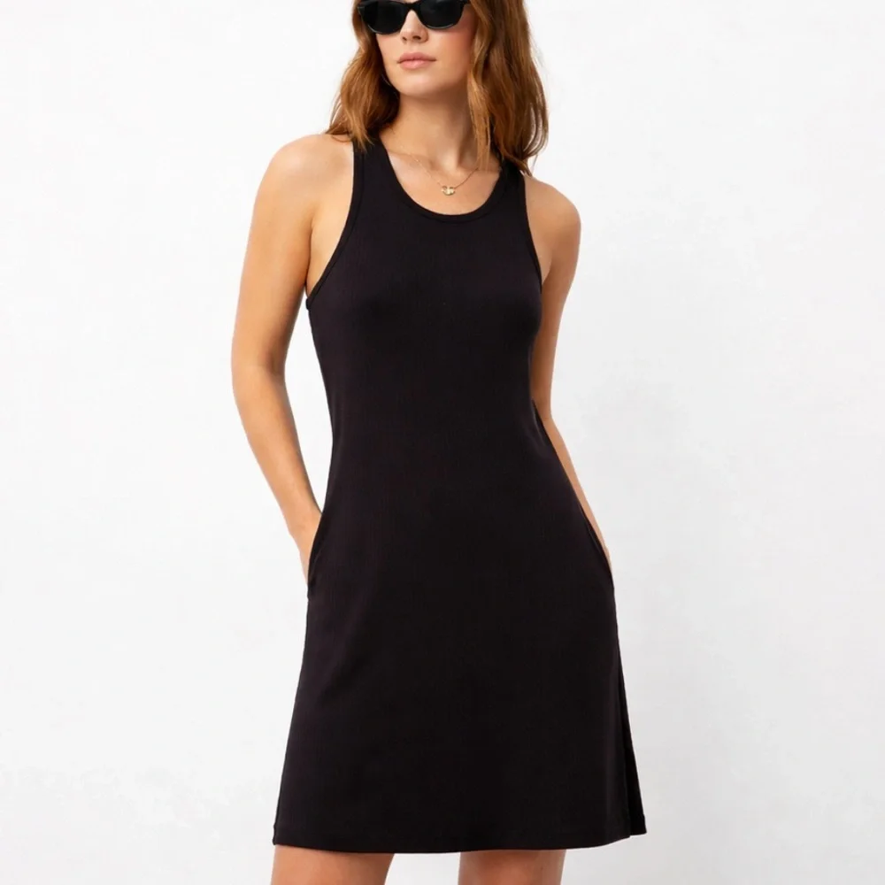 BABATON Black Ribbed Mini Dress Parisian Minimalist Travel Capsule Easy Basic M